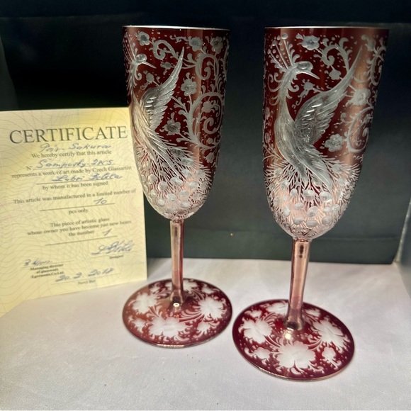 Egermann Czech Ruby Cut Crystal Champagne Flutes 1 of 10 Signed COA 2018 - Picture 2 of 16